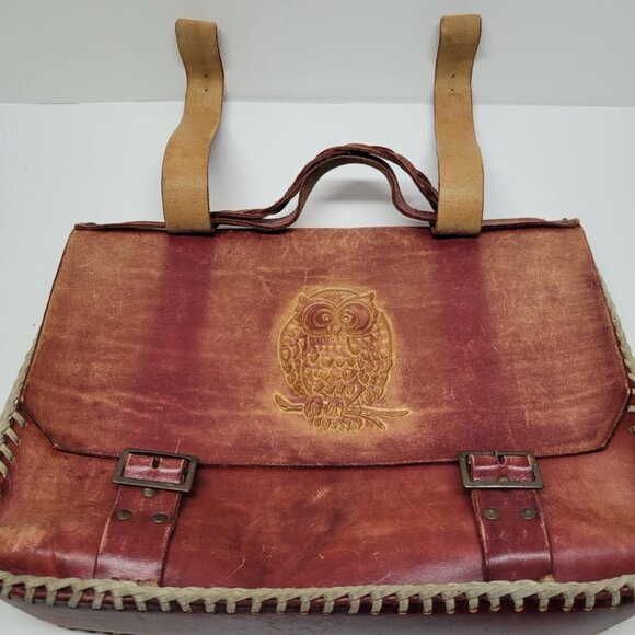 Vintage 1980 Handmande Leather Messanger Purse Owl Curved Satchel Bag Red 80s - Picture 10 of 16